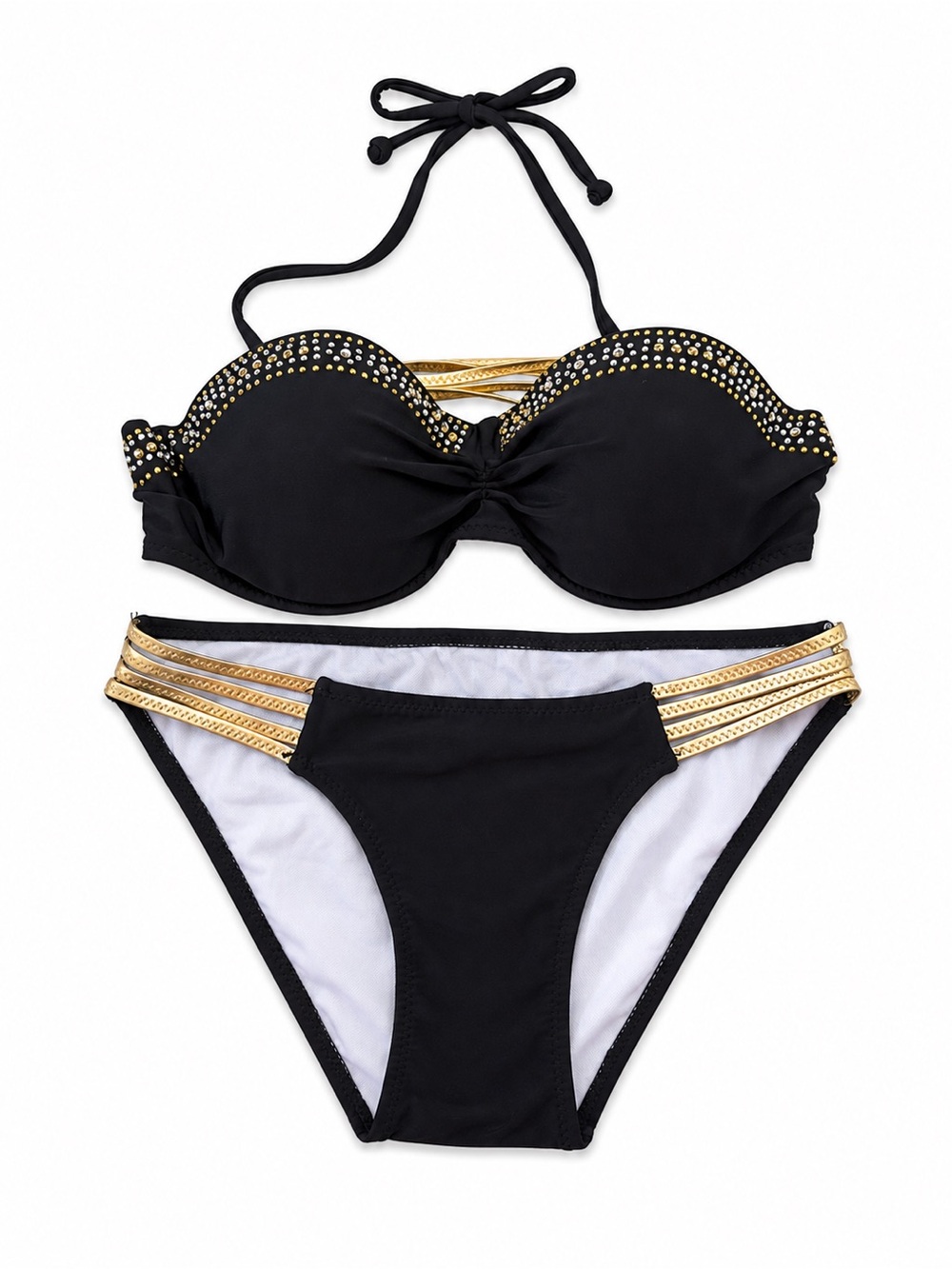 Black & Gold Studded Bandeau Bikini Set